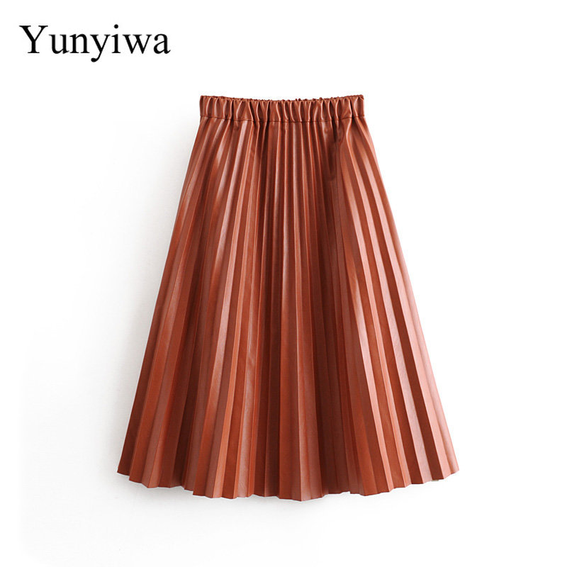 2019 New Women Vintage Solid Color PU Leather Pleated Midi Skirt Faldas Mujer Ladies Elastic Waist Chic Mid-calf Skirts, As picture
2019 New Women Vintage Solid Color PU Leather Pleated Midi Skirt Faldas Mujer Ladies Elastic Waist Chic Mid-calf Skirts, As picture