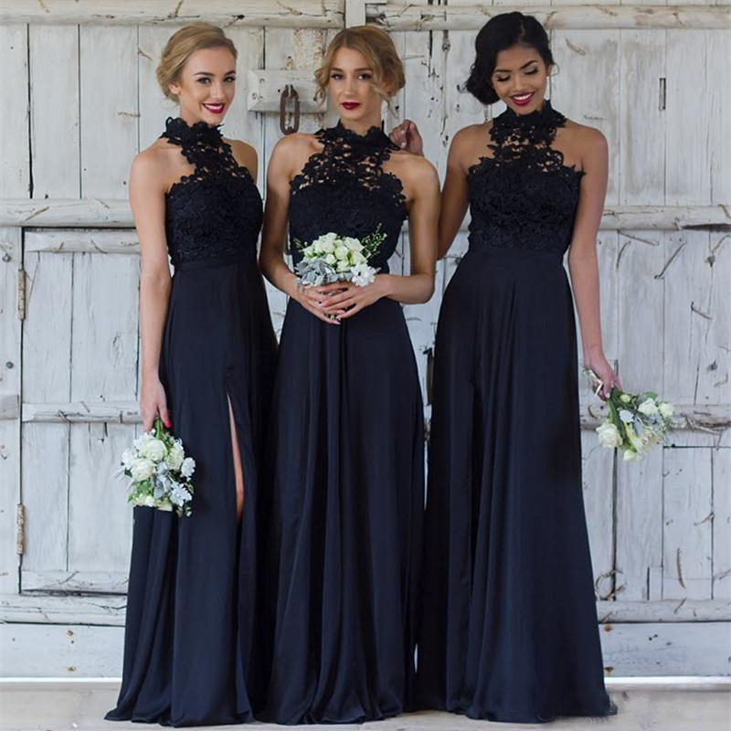 Cheap Classy Lace Bridesmaid Dresses Halter Neck Side Split Wedding Guest Dress or Length Chiffon A e Maid Of Honor Gowns