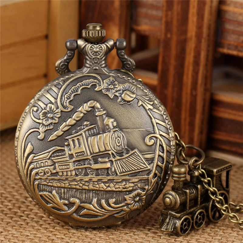Vine Retro 3D Steam Train Pocket Watch With Necklace Chain Locomotive Design Men Women Antique Quartz Clock Gift Collectab