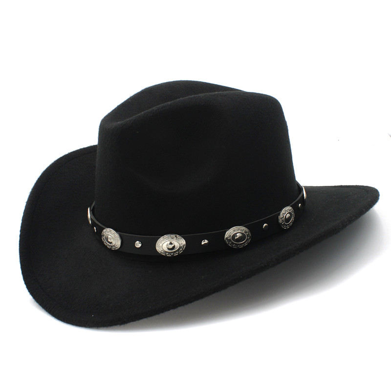 Rollup Large Brim Wool Felt Hats Women Men Western Cowboy Hat With Punk Leather Belt Jazz Cap