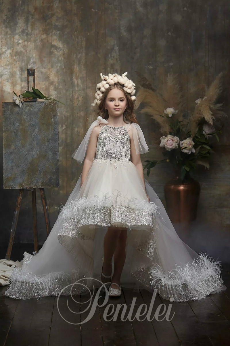 Lovely Ball Gown Flower Girl Dresses Jewel Sleeveless Hollow Bow Sequins Feather Pageant Dress High Low Girl's Birthday Party