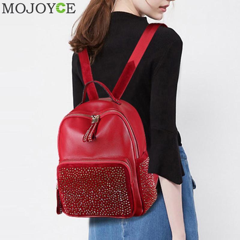Leisure Style Women Backpack With Rhinestone PU Leather Female Backpacks High Capacity Travel Back Pack Bags Red Black Gold Y18110202
