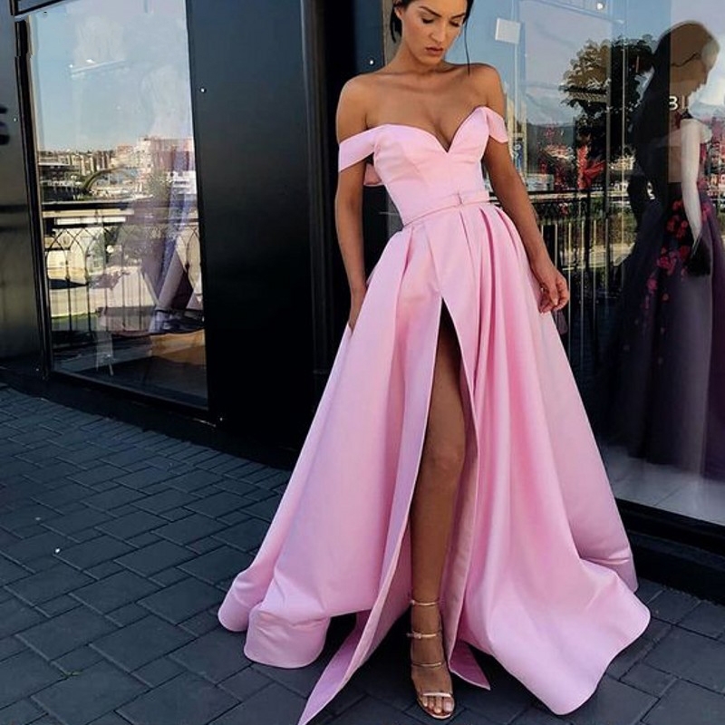 Elegant Off the Shoulder Champagne Evening Dress Satin Sexy A-line Prom Party Dress High Slit Evening Gowns 2019 Long vestido fiesta