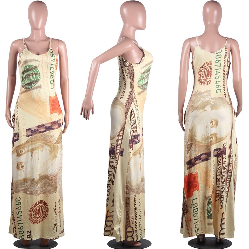 Summer Women dollars print maxi dress trendy long loose one-piece dress fashion grey one-piece skirt casual loose long slip dress 3312