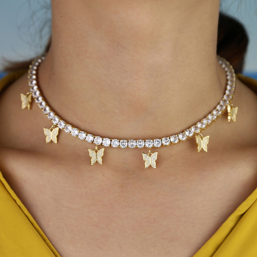 hot selling women hip hop chokers chain butterfly necklace iced out tennis chain micro pave bling pink clear cz punk animal necklace