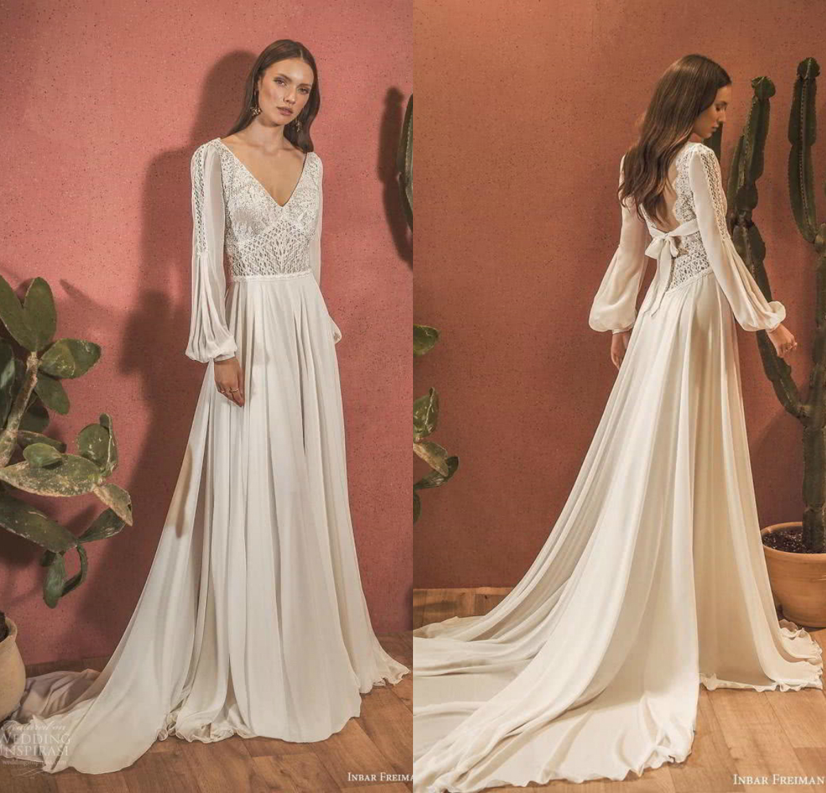 Bohemian Wedding Dresses 2020 V Neck Lace Floor Length Long Sleeve Bridal Gowns Chiffon A Line Beach Wedding Dress Boho