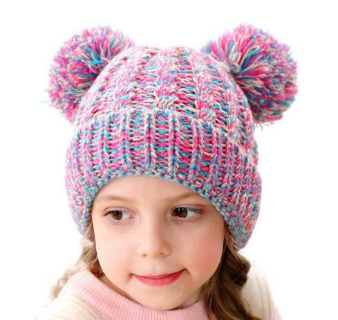 Kid Knit Crochet Beanies Hat Girls Soft Double Balls Winter Warm Hat 13 Colors Outdoor Baby Pompom Ski Caps GB1559