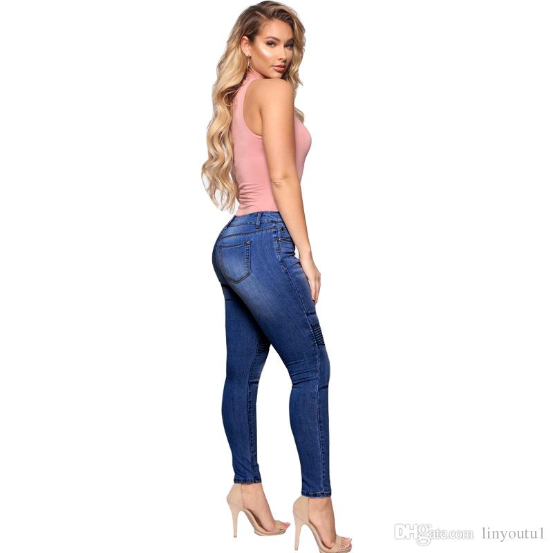 2020 Women`s Motorcycle Biker Zip Mid High Waist Stretch Denim Skinny Pants Motor Jeans For Women Pencil Pants 2019