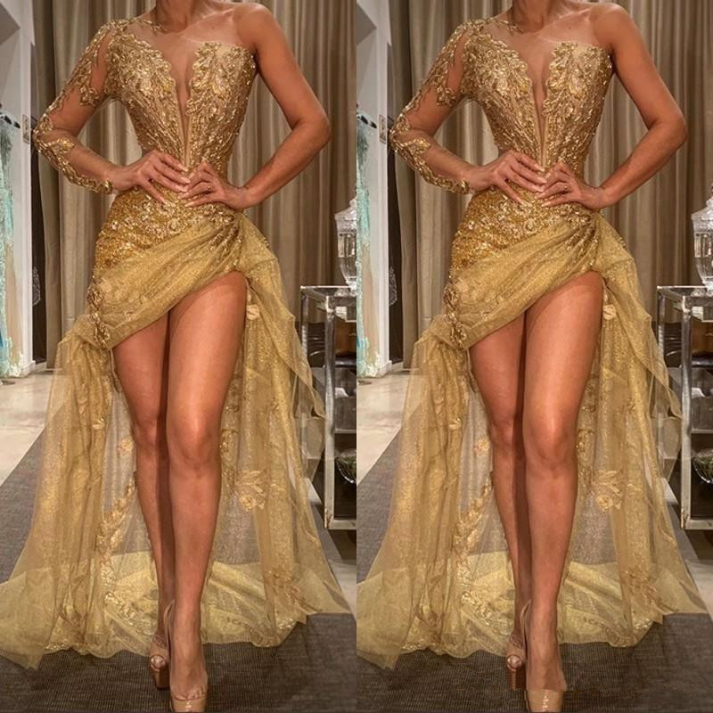 2020 Sexy Gold One Shoulder Prom Dresses Sequined Appliques Long Sleeves Mermaid Hi Lo Evening Dress African Party Vestido