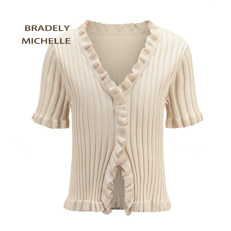 Women Fashion Short-Sleeve Ruffles Cardigans Sweaters Knits Tees With Single Breasted Big Elastic Knitted Crop Tops B4