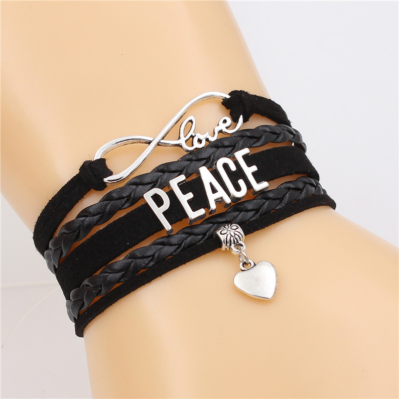 Peace Infinity Love Cute Heart Charm Multi-layer Bracelet Handmade Leather Bracelets Punk Jewelry For Men&women