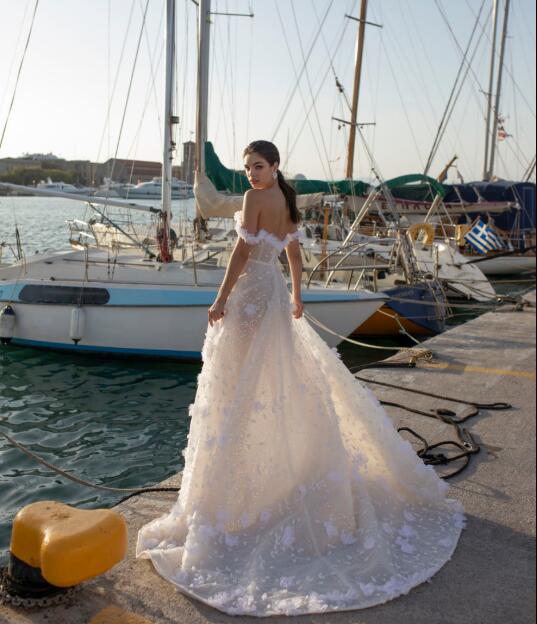 Lian Rokman 2020 Wedding Dresses Lace 3D Floral Appliques Off The Shoulder Bridal Gowns Sweep Train A Line Wedding Dress Robes De Mariée
