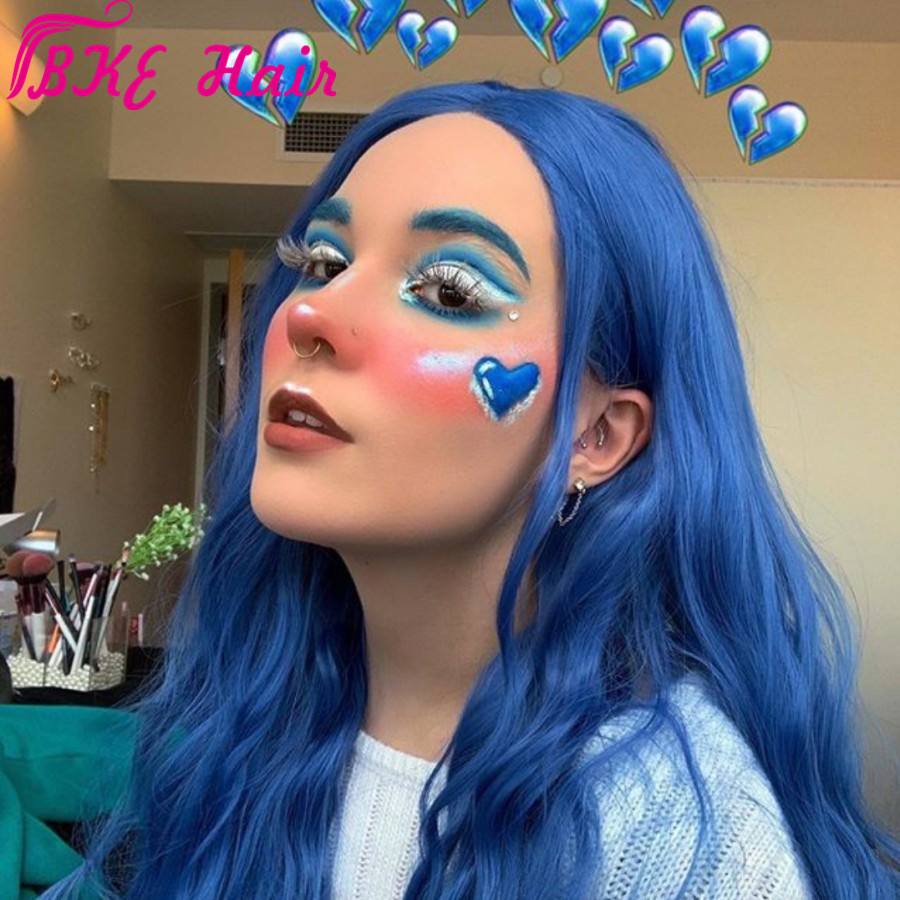 Blue full Lace Front Wig water wave Colored synthetic cosplay party auburn /red/blonde/white Transparent Wigs for white women