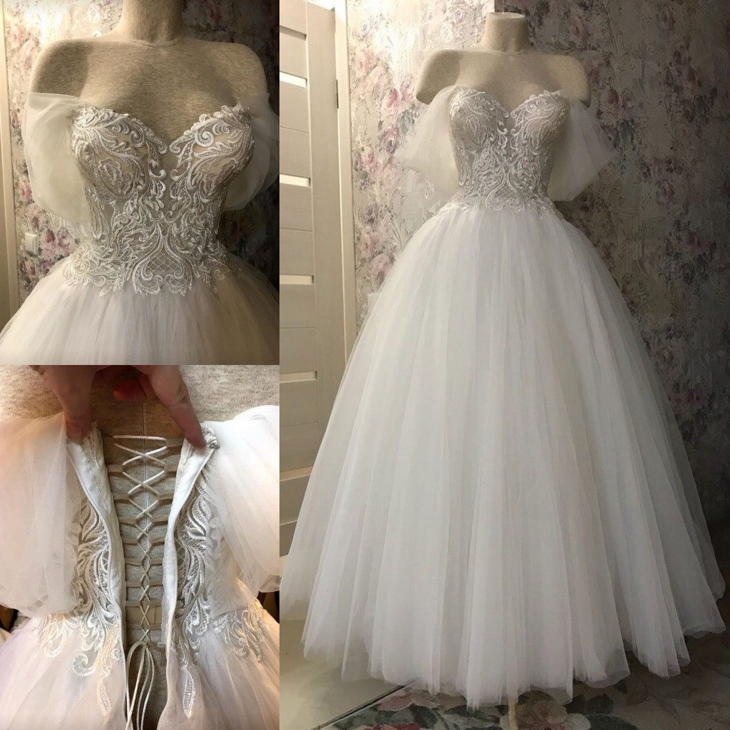 Lace A Charming Line Wedding Dresses Off The Shoulder Neck Short Sleeves Bridal Gowns Tulle Ankle Length Robe De Marie nkle