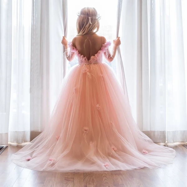Princess Pink Long Flower Girl Dresses With Flower Feather Sheer Neck Beaded Belt Puffy Gowns Little Girls Birthday Party Dress With Train