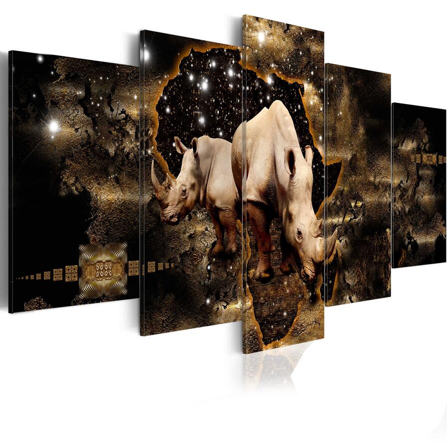 5 Pieces Fashion Wall Art Canvas Painting Abstract Golden Texture Animal Lion Elephant Rhinoceros Modern Home Decoration,Choose Color:3 And