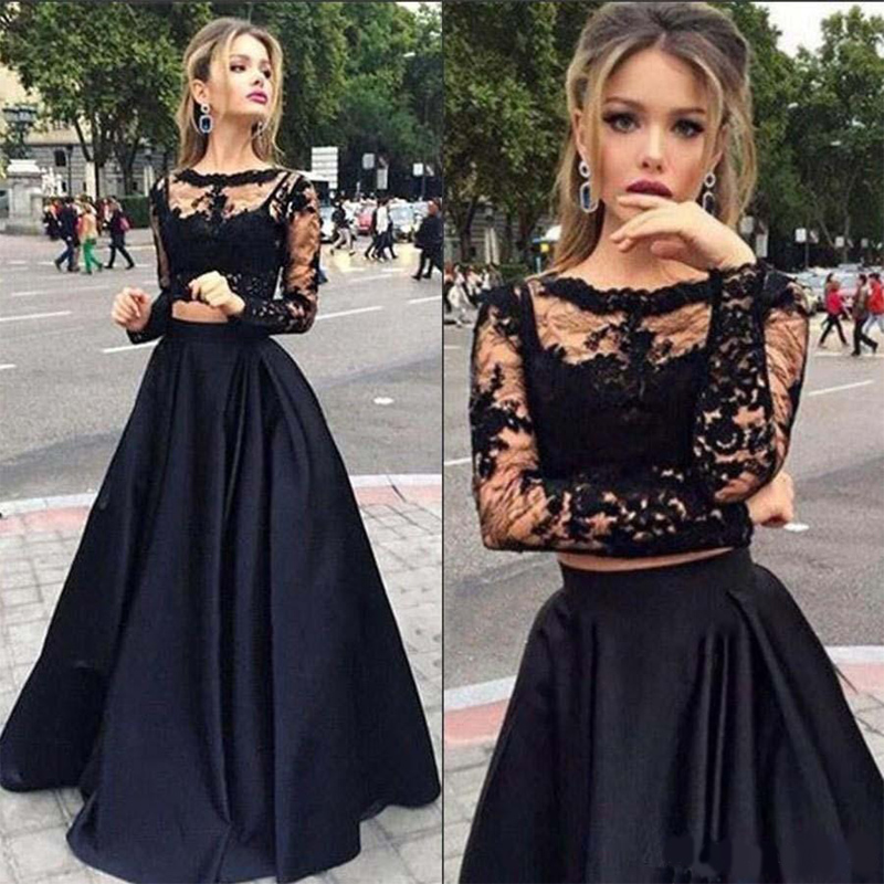 2020 Lace Long Sleeve Two Piece Prom Dresses A-line Floor-length Scoop Neck Tulle Elastic Woven Satin Appliques Custom Made .