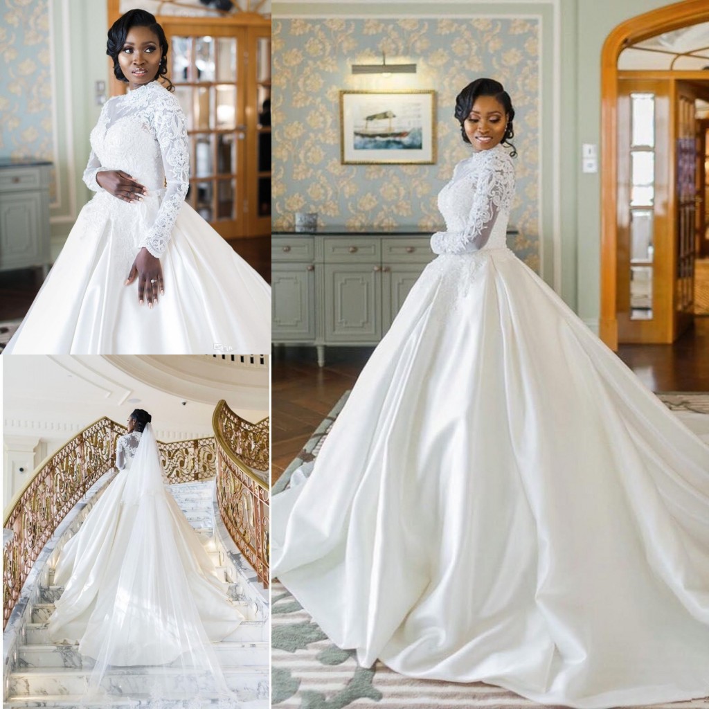Lace Long African Sleeves Beaded Wedding Dresses High Neck Sequined Bridal Gowns A Line Court Train Appliqued Satin Robe De Marie ppliqued