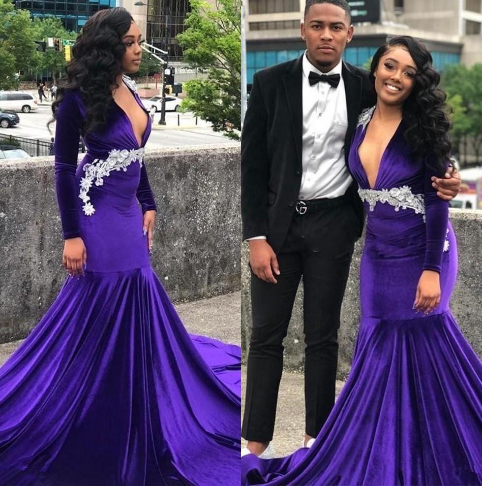 Purple Velvet School Prom Dress 2019 Mermaid Long Sleeve Deep V Neck White Appliques Evening Party Queen Fomal Occasion Gowns, Blue
Purple Velvet School Prom Dress 2019 Mermaid Long Sleeve Deep V Neck White Appliques Evening Party Queen Fomal Occasion Gowns, Blue