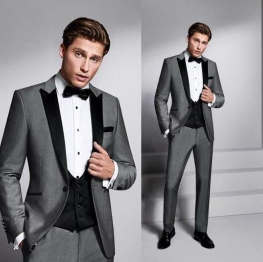 Grey And Black Mens Suits Slim Fit Tuxedo wedding piece coat pant designs black lapel Mens Formal Wedding Tuxedos (Jacket+Pants+Vest+Bowtie)