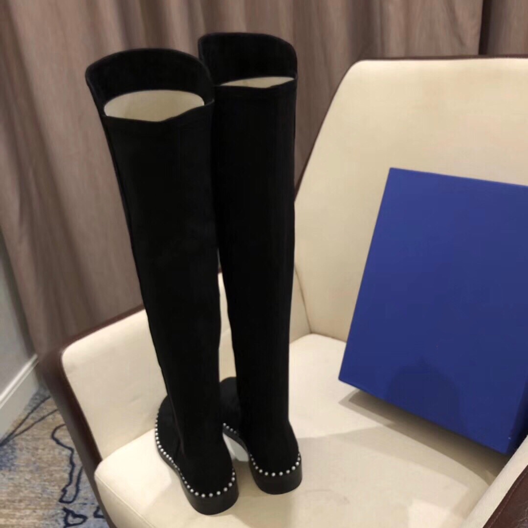 Hot Sale-Women High Silk Sheepskin Knee High Dress Boots fashion Pearl Low Heel Thigh-High Boots Winter Plush Black Snow Knight Boots