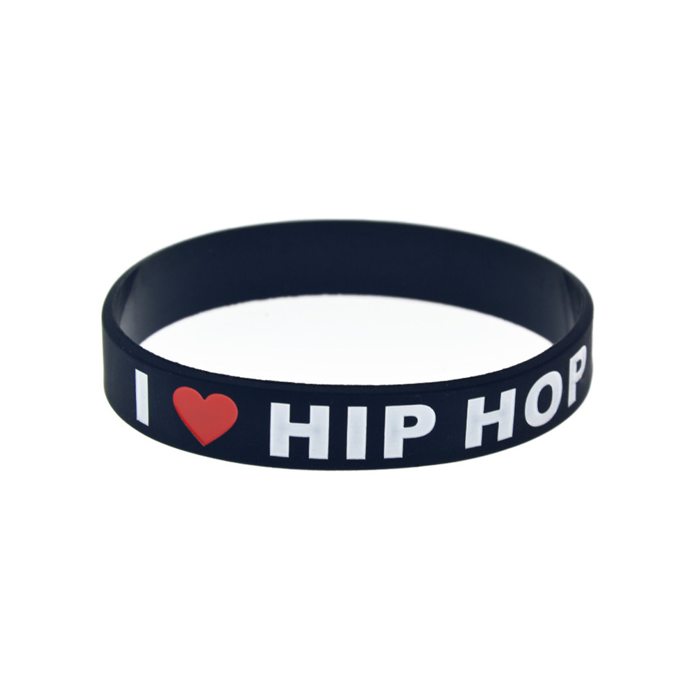 100PCS I Love Hip Hop Silicone Rubber Bracelet Ink Filled Logo Black and White for Music Fans