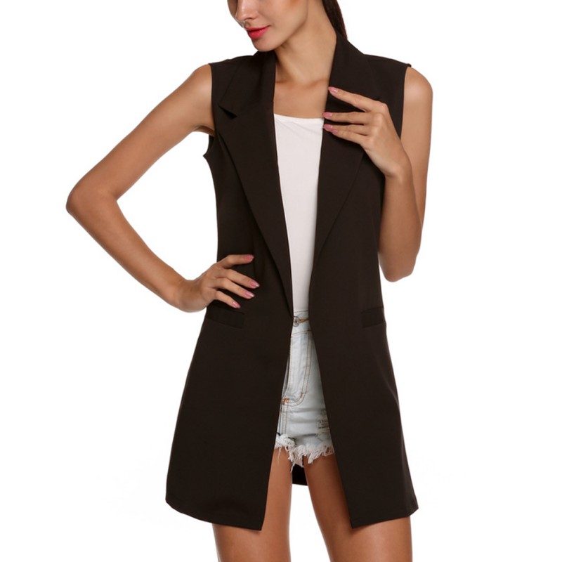 2019 Fashion Sleeveless Turn Down Collar Vest For Womem Slim Elegant Long Vest Cardigan Commuter Casual Blazer Women's