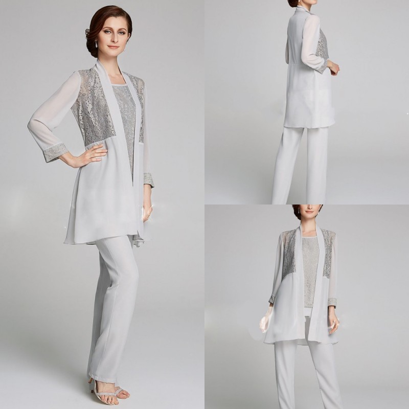 Plus Size Mother Of The Bride Pant Suit 3 Piece Chiffon for Beach Wedding Dress Mother's Dress Long Sleeves Chiffon Silver Evening Gowns
