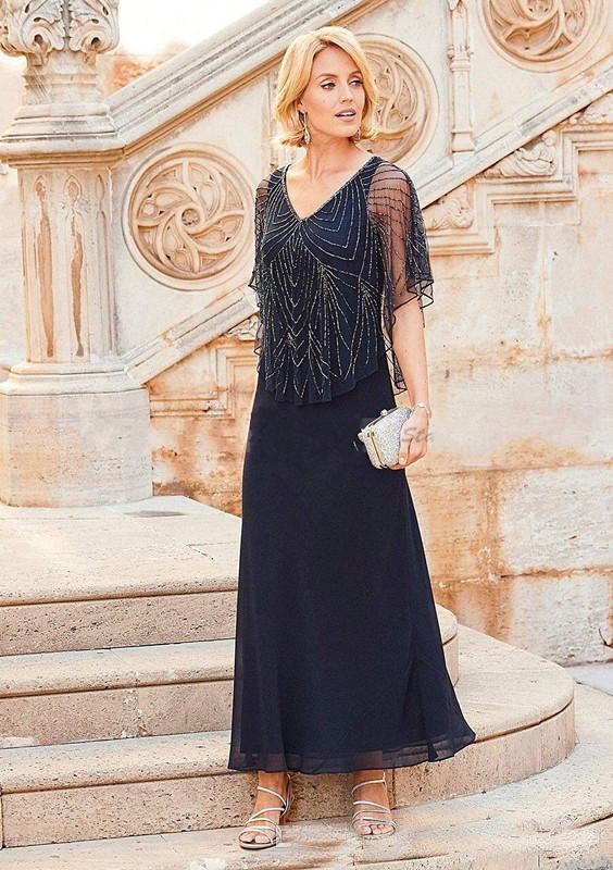 New Mother Of Bride Dresses Chiffon Navy Blue V Neck Beading Crystal Cap Sleeves Ankle Length Mother Party Gowns Wedding Guest Dresses