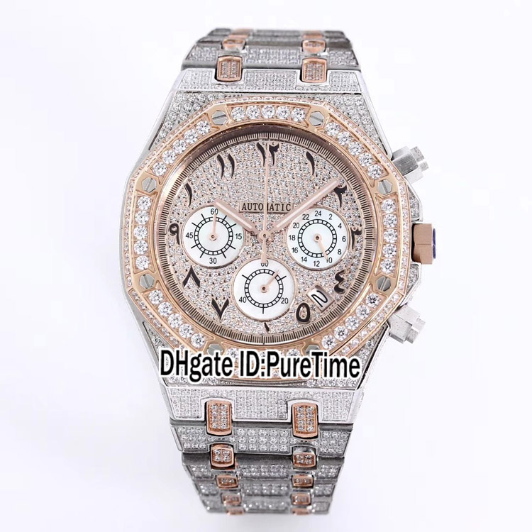 2021 Royal Full Paved Diamond Quartz Chronograph Mens Watch Two Tone Rose Gold Arabic Numerals Markers Silver Dial Super Edition Puretime 112f6, Original box
2021 Royal Full Paved Diamond Quartz Chronograph Mens Watch Two Tone Rose Gold Arabic Numerals Markers Silver Dial Super Edition Puretime 112f6, Original box