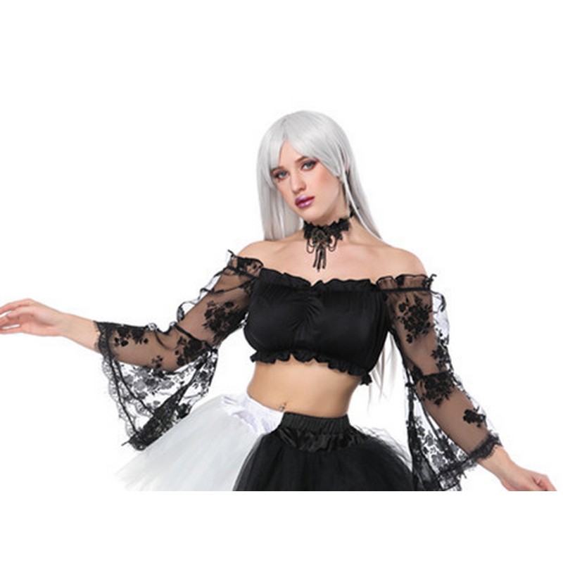 Women 2pcs Dancing Outfit Lolita Rose Floral Lace Mesh Long Sleeves Crop Top with Contrast Mini TUTU Floor Tail Hi-lo Skirt Pardy Dress