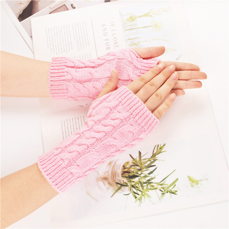 Autumn Winter Women Combing Fine Wool Cable Fingerless Gloves Thick Soft Knitted Woolen Arm Warmers Thumb-hole Arm Sleeve