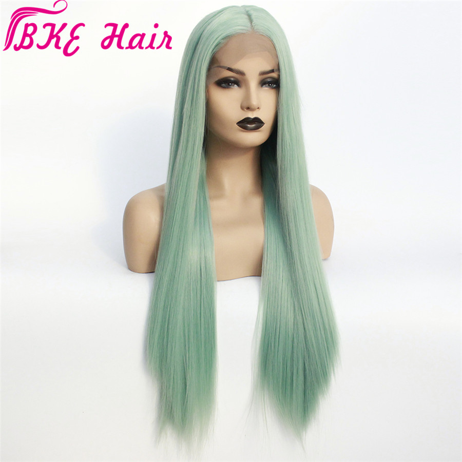 Long natural simulation human hair lace front wig Mint Green Wigs Long straight sythetic lace wig heat resistant cosplay Wigs for Women