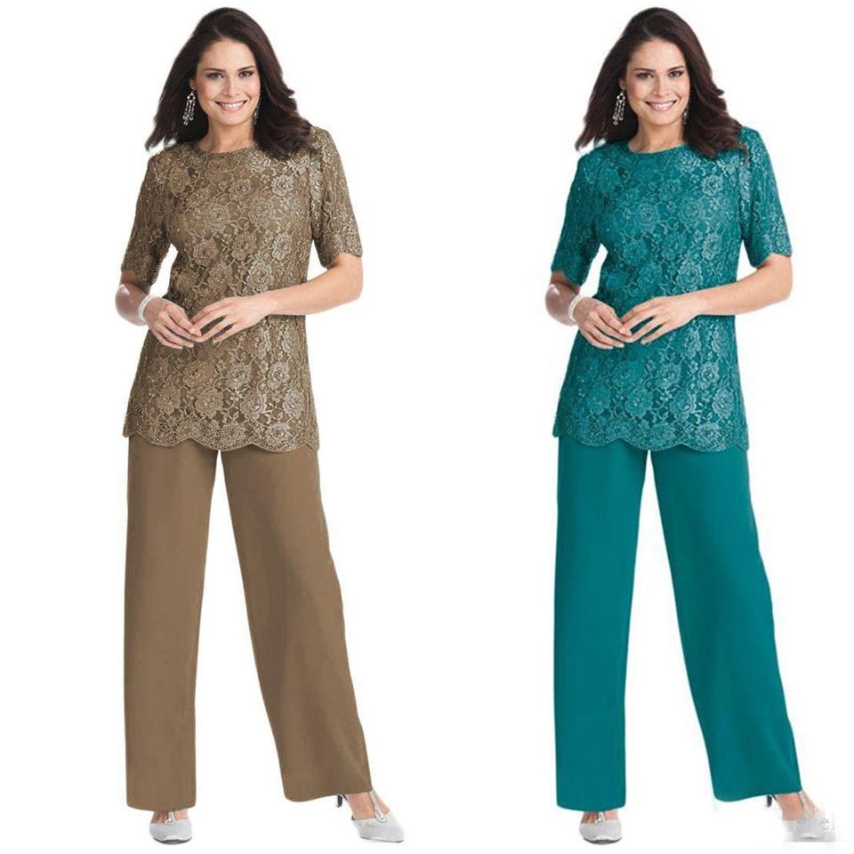 New Half Sleeves Jewel Neck Mother of the Bride Suits Lace Chiffon Pants Suit Plus Size Custom Made