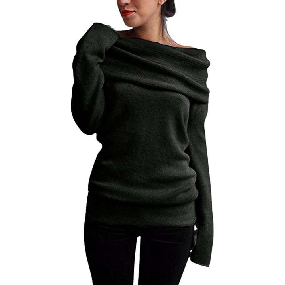Anself 5XL Plus Size Women Clothing Off Shoulder Sweater Cowl Neck Long Sleeve Knit Pullover Jumper Top Autumn Warm Knitwear C18111601