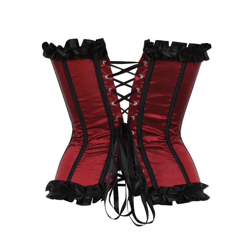 Black Frill Ruffle Trim Corset Women Burlesque Fashion Overbust Corset with Satin Bows Sexy Lace Up Plastic Boned Body Shaper