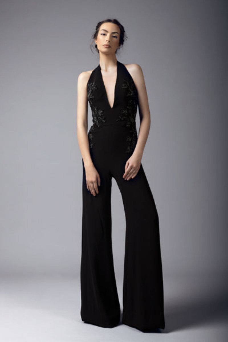 2019 Halter Black Jumpsuit Sexy Backless Embroidery Floor Length Prom Dress Satin Pants Guest Dress Plus Size Evening Gowns Cocktail Party