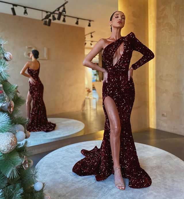 Gliter Sexy Mermaid Prom Dresses One Shoulder Long Sleeve Evening Gowns Sparkly Side Split Sweep Train Fashion Party Dress