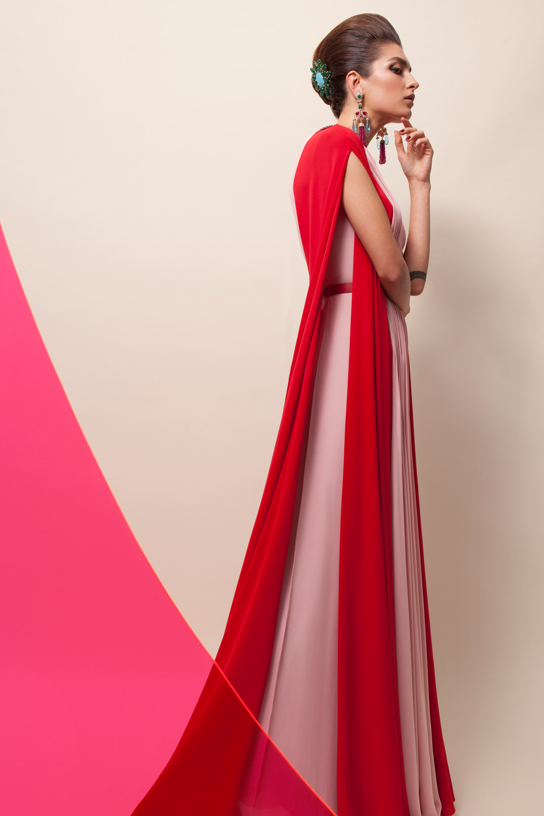 Krikor Jabotian 2019 Prom Dresses Bateau Neck Pleats Red and Pink Chiffon Long Evening Gowns Elegant Party Dresses Vestidos De Festa