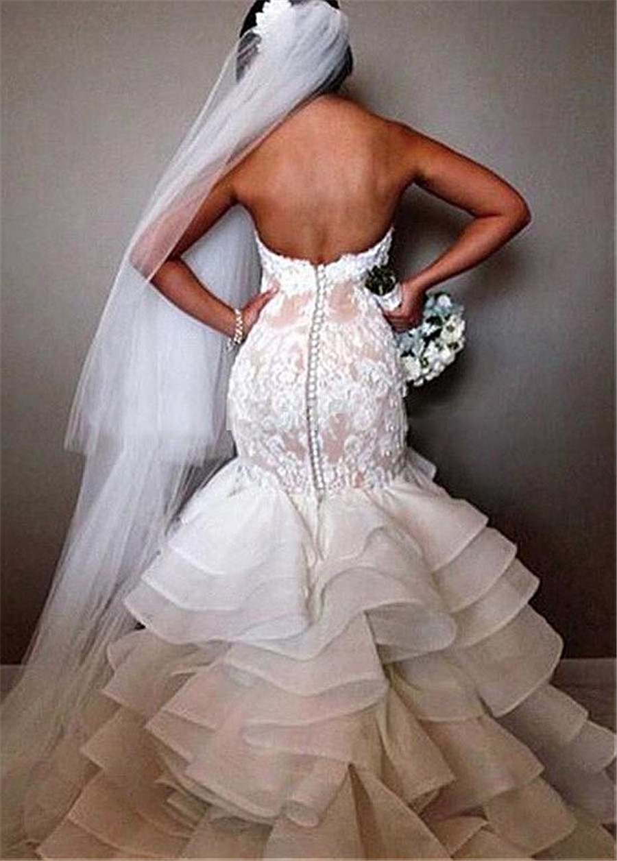 Fashionable Sweetheart Mermaid Wedding Dresses With Tiered Ruffles Lace Applique Organza Bridal Gowns Custom Made Beach Wedding Dress