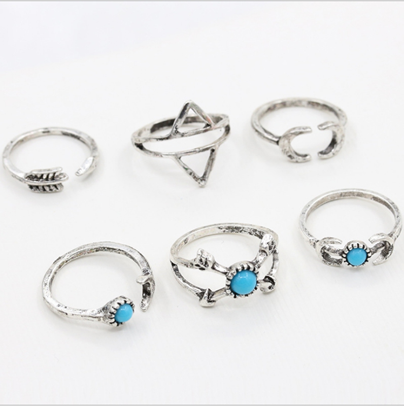 Retro Openwork Flower Gems Geometry 7 Piece Set Turquoise Moon Arrow Loop Fashion Ring Set Bohemian Stackable Set for Female Girls