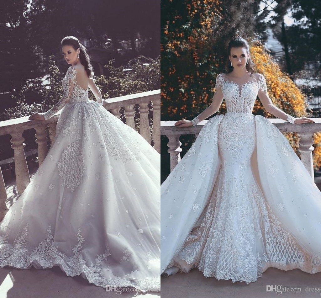 2019 Luxury Bridal Sheer Long Sleeves Vestidos Novia Mermaid Wedding Dresses With Detachable Skirt Full Lace Bridal Gowns Backless BA7402, Ivory
2019 Luxury Bridal Sheer Long Sleeves Vestidos Novia Mermaid Wedding Dresses With Detachable Skirt Full Lace Bridal Gowns Backless BA7402, Ivory