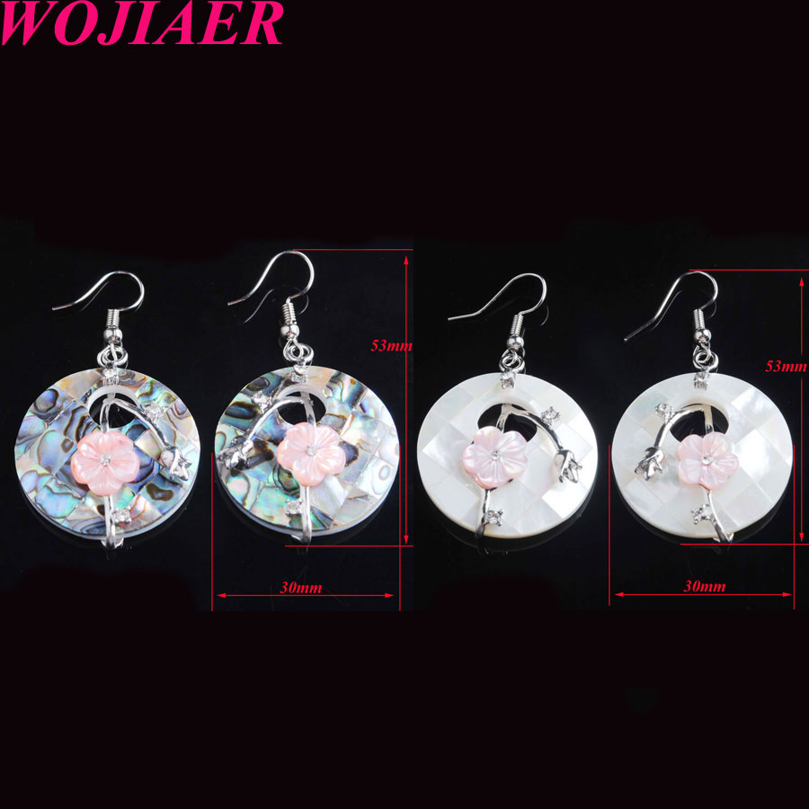 WOJIAER Fashion Hollow Women Dangle Earrings Natural Donut Mother of Pearl Abalone Shell Flower Crystal CZ Jewelry Earring BV909
