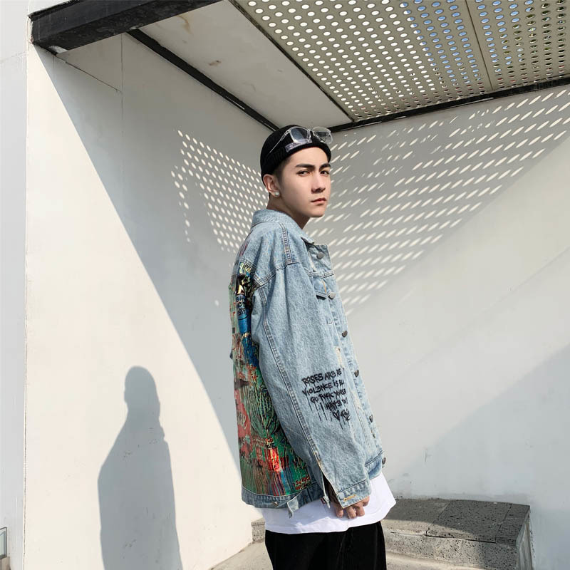 Calm mind Lucky Ghost Little Demon Graffiti Print old Damaged Hole Denim Jacket Men Women Loose Coat T200115