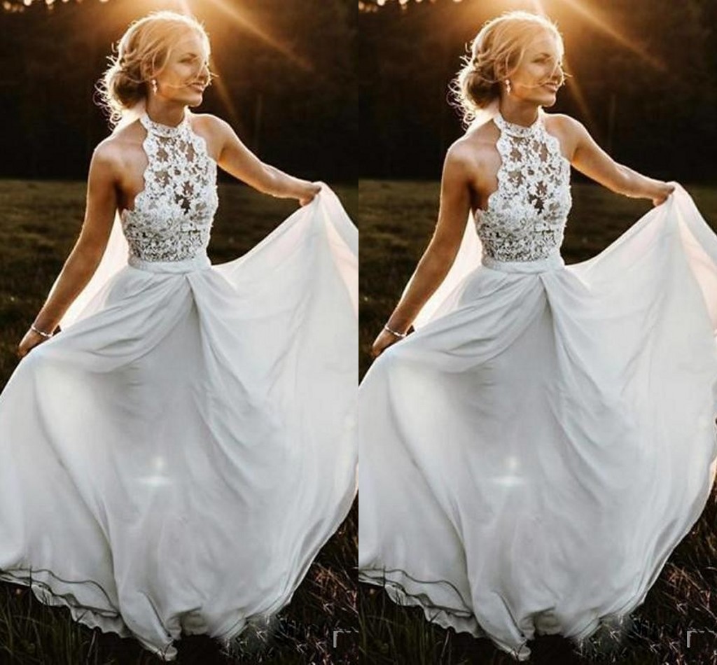Bohemian Beach Cheap A Line Wedding Dresses Halter Appliques Lace Chiffon Sweep Train Illusion Backless Plus Size Long Formal Bridal Gowns Ppliques