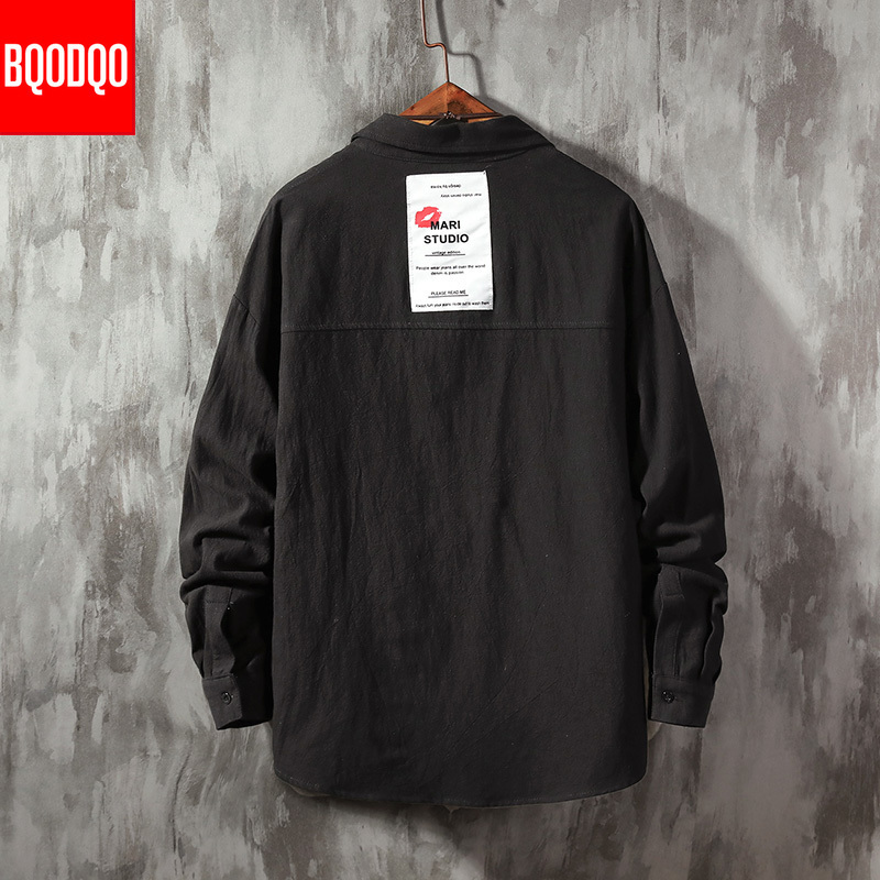 BQODQO Army Green Fashion Streetwear Blouse Men White Double Pocket Oversized Casual Shirt Male Autumn Long Sleeve Cotton Shirts