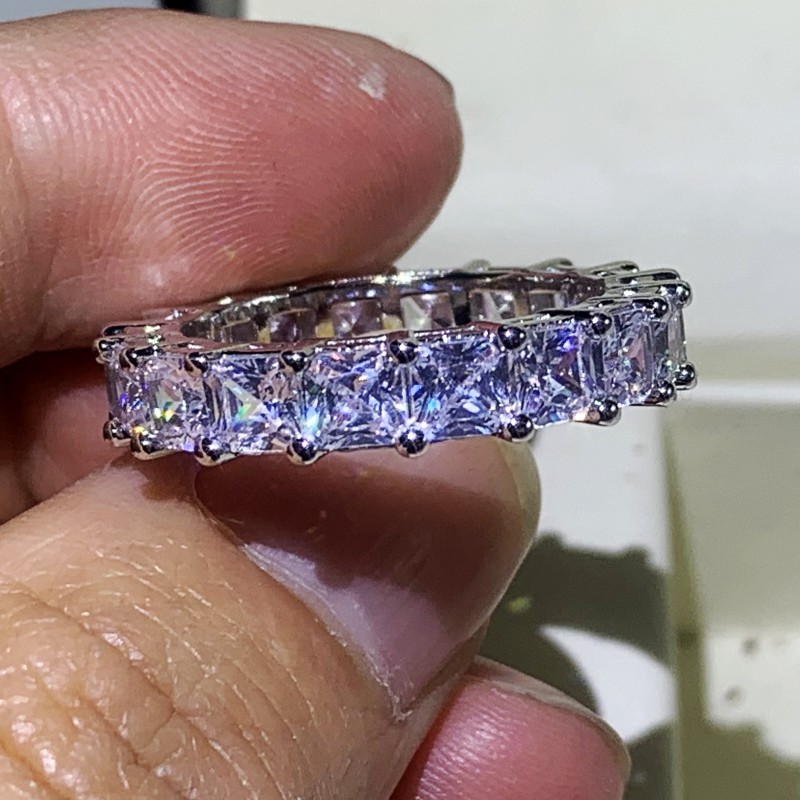 2020 New Arrival Luxury Jewelry Couple Rings 925 Sterling Silver Princess Cut White Topaz Big Gemstones Women Wedding Bridal Ring Set Gift