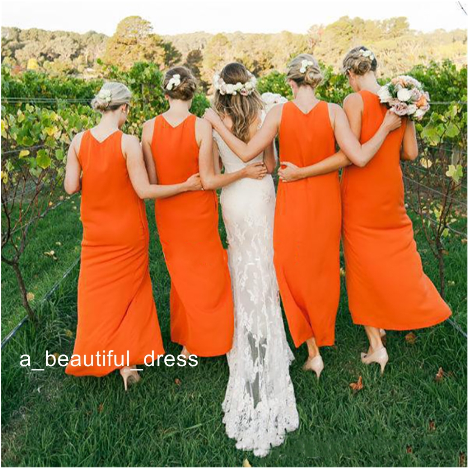 Simple Western Country Orange Chiffon Long Bridesmaid Dresses Simple Sleeveless Wedding Guest Dresses With Front Slit