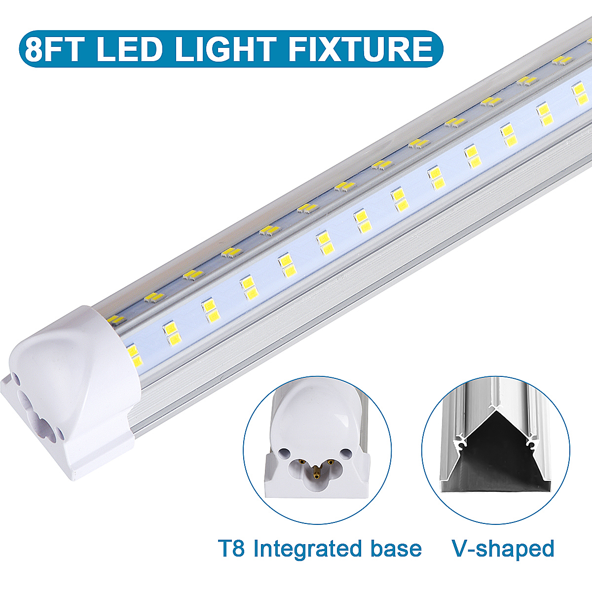 8Ft Led Shop Lights 8 feet Cooler Door Freezer LEDS Tubes Lighting Fixture 4 Row 144W 14400 lm V Shape Fluorescent Clear Cover Linkable Surface Mount 