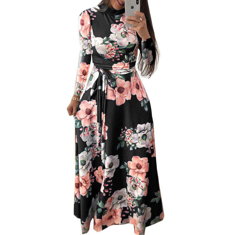 Women Long Dress Floral Print Beach Maxi Dress Casual Long Sleeve Turtleneck Bandage Elegant Long Party Dress Vestidos Plus Size Y19012102